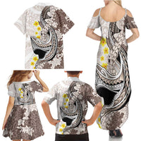 Brown and White Hawaii Shark Tattoo Family Matching Summer Maxi Dress and Hawaiian Shirt Puakenikeni Lei Plumeria Polynesian Pattern - Polynesian Pride