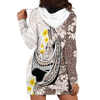 Brown and White Hawaii Shark Tattoo Hoodie Dress Puakenikeni Lei Plumeria Polynesian Pattern - Polynesian Pride