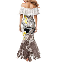 Brown and White Hawaii Shark Tattoo Mermaid Dress Puakenikeni Lei Plumeria Polynesian Pattern - Polynesian Pride