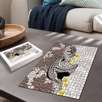 Brown and White Hawaii Shark Tattoo Puzzle Puakenikeni Lei Plumeria Polynesian Pattern - Polynesian Pride