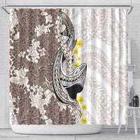Brown and White Hawaii Shark Tattoo Shower Curtain Puakenikeni Lei Plumeria Polynesian Pattern - Polynesian Pride