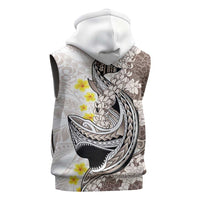 Brown and White Hawaii Shark Tattoo Sleeveless Hoodie Puakenikeni Lei Plumeria Polynesian Pattern - Polynesian Pride