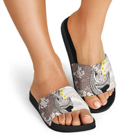 Brown and White Hawaii Shark Tattoo Slide Sandals Puakenikeni Lei Plumeria Polynesian Pattern - Polynesian Pride