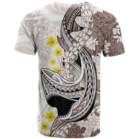 Brown and White Hawaii Shark Tattoo T Shirt Puakenikeni Lei Plumeria Polynesian Pattern - Polynesian Pride