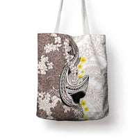 Brown and White Hawaii Shark Tattoo Tote Bag Puakenikeni Lei Plumeria Polynesian Pattern - Polynesian Pride