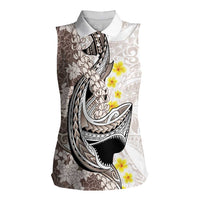 Brown and White Hawaii Shark Tattoo Women Sleeveless Polo Shirt Puakenikeni Lei Plumeria Polynesian Pattern - Polynesian Pride