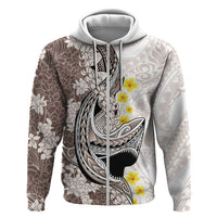 Brown and White Hawaii Shark Tattoo Zip Hoodie Puakenikeni Lei Plumeria Polynesian Pattern - Polynesian Pride