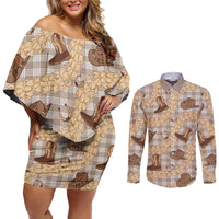Khaki Palaka Hawaii Cowboy Couples Matching Off Shoulder Short Dress and Long Sleeve Button Shirt Puakenikeni Lei Paniolo Papale Seamless Vibes - Polynesian Pride