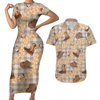 Khaki Palaka Hawaii Cowboy Couples Matching Short Sleeve Bodycon Dress and Hawaiian Shirt Puakenikeni Lei Paniolo Papale Seamless Vibes - Polynesian Pride