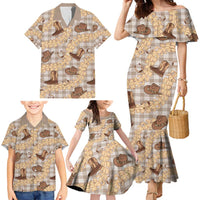 Khaki Palaka Hawaii Cowboy Family Matching Mermaid Dress and Hawaiian Shirt Puakenikeni Lei Paniolo Papale Seamless Vibes LT14 - Polynesian Pride
