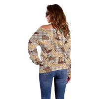 Khaki Palaka Hawaii Cowboy Off Shoulder Sweater Puakenikeni Lei Paniolo Papale Seamless Vibes - Polynesian Pride