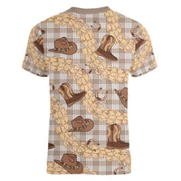 Khaki Palaka Hawaii Cowboy Women V-Neck T-Shirt Puakenikeni Lei Paniolo Papale Seamless Vibes - Polynesian Pride