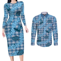 Cyan Palaka Hawaii Cowboy Couples Matching Long Sleeve Bodycon Dress and Long Sleeve Button Shirt Puakenikeni Lei Paniolo Papale Seamless Vibes - Polynesian Pride