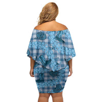Cyan Palaka Hawaii Cowboy Off Shoulder Short Dress Puakenikeni Lei Paniolo Papale Seamless Vibes - Polynesian Pride