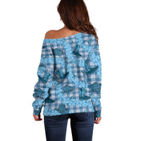 Cyan Palaka Hawaii Cowboy Off Shoulder Sweater Puakenikeni Lei Paniolo Papale Seamless Vibes - Polynesian Pride