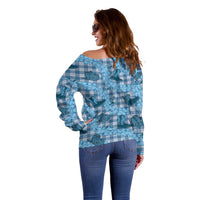 Cyan Palaka Hawaii Cowboy Off Shoulder Sweater Puakenikeni Lei Paniolo Papale Seamless Vibes - Polynesian Pride