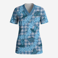 Cyan Palaka Hawaii Cowboy Scrub Top Puakenikeni Lei Paniolo Papale Seamless Vibes - Polynesian Pride