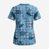 Cyan Palaka Hawaii Cowboy Scrub Top Puakenikeni Lei Paniolo Papale Seamless Vibes - Polynesian Pride