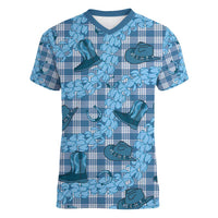 Cyan Palaka Hawaii Cowboy Women V-Neck T-Shirt Puakenikeni Lei Paniolo Papale Seamless Vibes - Polynesian Pride