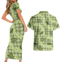 Lime Palaka Hawaii Cowboy Couples Matching Short Sleeve Bodycon Dress and Hawaiian Shirt Puakenikeni Lei Paniolo Papale Seamless Vibes - Polynesian Pride