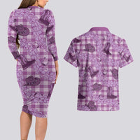 Purple Palaka Hawaii Cowboy Couples Matching Long Sleeve Bodycon Dress and Hawaiian Shirt Puakenikeni Lei Paniolo Papale Seamless Vibes - Polynesian Pride