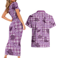 Purple Palaka Hawaii Cowboy Couples Matching Short Sleeve Bodycon Dress and Hawaiian Shirt Puakenikeni Lei Paniolo Papale Seamless Vibes - Polynesian Pride