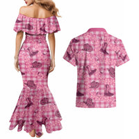 Pink Palaka Hawaii Cowboy Couples Matching Mermaid Dress and Hawaiian Shirt Puakenikeni Lei Paniolo Papale Seamless Vibes - Polynesian Pride