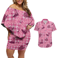 Pink Palaka Hawaii Cowboy Couples Matching Off Shoulder Short Dress and Hawaiian Shirt Puakenikeni Lei Paniolo Papale Seamless Vibes - Polynesian Pride