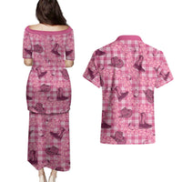 Pink Palaka Hawaii Cowboy Couples Matching Puletasi and Hawaiian Shirt Puakenikeni Lei Paniolo Papale Seamless Vibes - Polynesian Pride