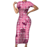 Pink Palaka Hawaii Cowboy Family Matching Short Sleeve Bodycon Dress and Hawaiian Shirt Puakenikeni Lei Paniolo Papale Seamless Vibes LT14 Mom's Dress Pink - Polynesian Pride