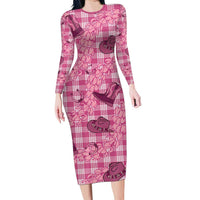 Pink Palaka Hawaii Cowboy Long Sleeve Bodycon Dress Puakenikeni Lei Paniolo Papale Seamless Vibes - Polynesian Pride