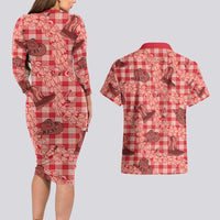 Red Palaka Hawaii Cowboy Couples Matching Long Sleeve Bodycon Dress and Hawaiian Shirt Puakenikeni Lei Paniolo Papale Seamless Vibes - Polynesian Pride