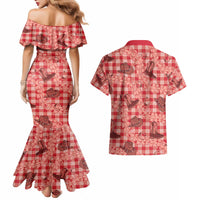 Red Palaka Hawaii Cowboy Couples Matching Mermaid Dress and Hawaiian Shirt Puakenikeni Lei Paniolo Papale Seamless Vibes - Polynesian Pride