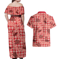 Red Palaka Hawaii Cowboy Couples Matching Off Shoulder Maxi Dress and Hawaiian Shirt Puakenikeni Lei Paniolo Papale Seamless Vibes - Polynesian Pride