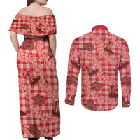 Red Palaka Hawaii Cowboy Couples Matching Off Shoulder Maxi Dress and Long Sleeve Button Shirt Puakenikeni Lei Paniolo Papale Seamless Vibes - Polynesian Pride