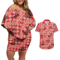 Red Palaka Hawaii Cowboy Couples Matching Off Shoulder Short Dress and Hawaiian Shirt Puakenikeni Lei Paniolo Papale Seamless Vibes - Polynesian Pride