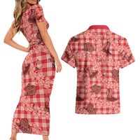 Red Palaka Hawaii Cowboy Couples Matching Short Sleeve Bodycon Dress and Hawaiian Shirt Puakenikeni Lei Paniolo Papale Seamless Vibes - Polynesian Pride
