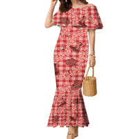 Red Palaka Hawaii Cowboy Family Matching Mermaid Dress and Hawaiian Shirt Puakenikeni Lei Paniolo Papale Seamless Vibes LT14 Mom's Dress Red - Polynesian Pride