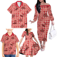 Red Palaka Hawaii Cowboy Family Matching Off The Shoulder Long Sleeve Dress and Hawaiian Shirt Puakenikeni Lei Paniolo Papale Seamless Vibes - Polynesian Pride