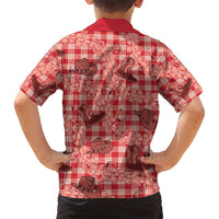 Red Palaka Hawaii Cowboy Family Matching Off Shoulder Short Dress and Hawaiian Shirt Puakenikeni Lei Paniolo Papale Seamless Vibes - Polynesian Pride
