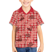 Red Palaka Hawaii Cowboy Family Matching Off Shoulder Short Dress and Hawaiian Shirt Puakenikeni Lei Paniolo Papale Seamless Vibes - Polynesian Pride