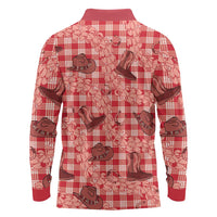 Red Palaka Hawaii Cowboy Long Sleeve Polo Shirt Puakenikeni Lei Paniolo Papale Seamless Vibes - Polynesian Pride