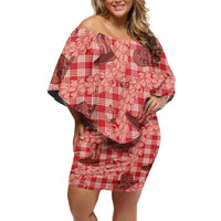 Red Palaka Hawaii Cowboy Off Shoulder Short Dress Puakenikeni Lei Paniolo Papale Seamless Vibes - Polynesian Pride