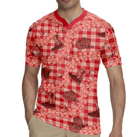 Red Palaka Hawaii Cowboy Rugby Jersey Puakenikeni Lei Paniolo Papale Seamless Vibes - Polynesian Pride