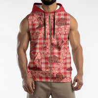 Red Palaka Hawaii Cowboy Sleeveless Zip Hoodie Puakenikeni Lei Paniolo Papale Seamless Vibes - Polynesian Pride