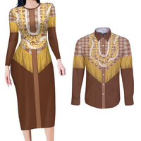 Aloha Hawaii Cowboy Custome Couples Matching Long Sleeve Bodycon Dress and Long Sleeve Button Shirt Puakenikeni Lei Palaka Tassel Style LT14 Brown - Polynesian Pride