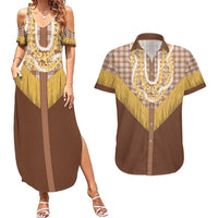 Aloha Hawaii Cowboy Custome Couples Matching Summer Maxi Dress and Hawaiian Shirt Puakenikeni Lei Palaka Tassel Style LT14 Brown - Polynesian Pride