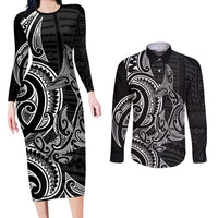 New Zealand Hammerhead Shark Couples Matching Long Sleeve Bodycon Dress and Long Sleeve Button Shirt Maori Haehae Mangopare Black - Polynesian Pride