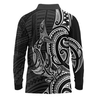 New Zealand Hammerhead Shark Long Sleeve Polo Shirt Maori Haehae Mangopare Black - Polynesian Pride