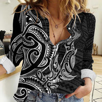 New Zealand Hammerhead Shark Women Casual Shirt Maori Haehae Mangopare Black - Polynesian Pride